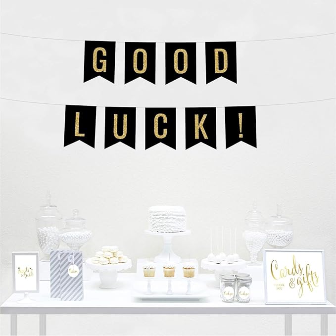 Andaz Press Faux Gold Glitter on Black Retirement Party Banner Decorations, Good Luck!, Approx 5-Feet, 1-Set, Birthday Wedding Baby Shower Colored Hanging Pennant Decor