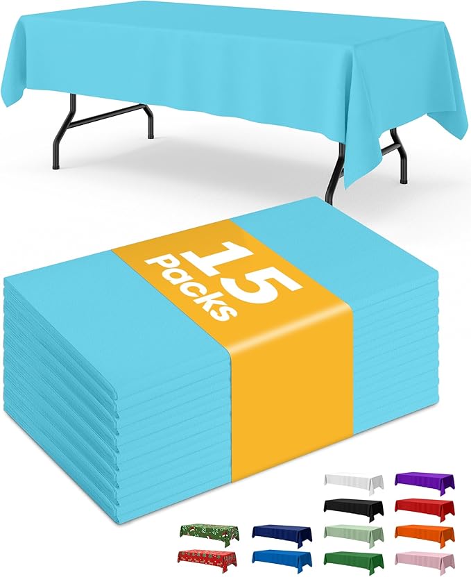 Light Blue Plastic Table Cloth Rectangle Table 15 Pack, 54''×108'' Tablecloth for 6ft Tables, Table Cloth for Disposable Use, Table Cover for Holiday Party, Gathering