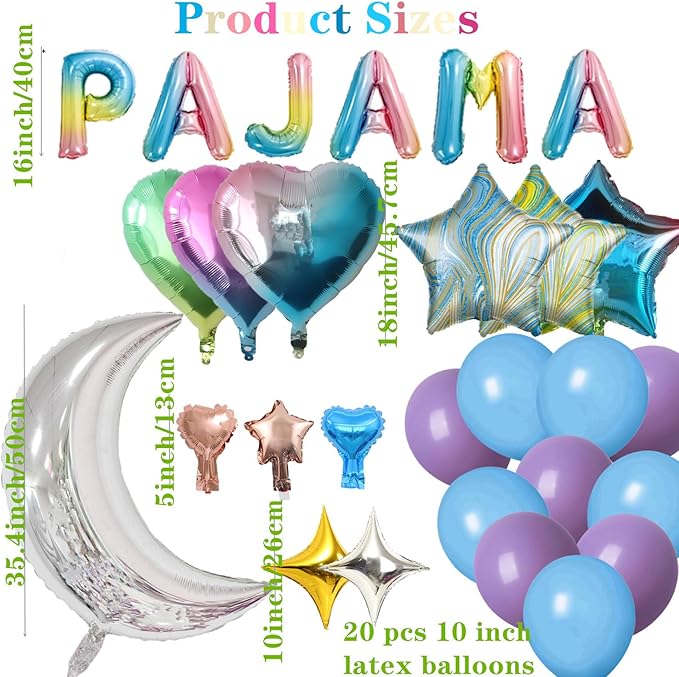 44 Pieces PAJAMA PARTY Balloons Silver Moon Star Rainbow Gradient Heart Aluminum Foil Balloons Purple Blue Latex Balloons for Girls Women Slumber Party Sleepover Birthday Party Decoration (Silver)