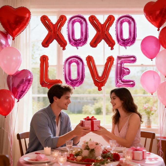 Red Pink XOXO Balloons and Love Balloon, 16 Inch Valentines Day Hot Pink Red XO Love Foil Letters Balloon Banner for Romantic Valentine Galentines Anniversary Bridal Shower Engagement Party Decoration