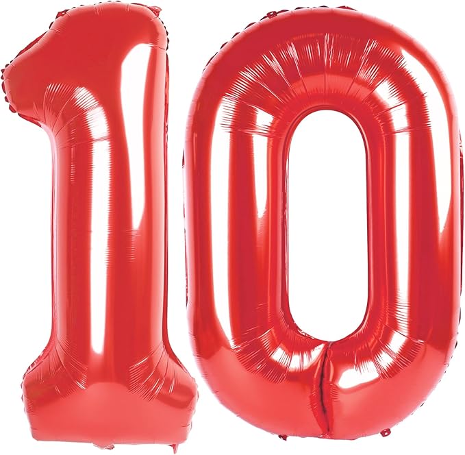 Giant Red 10 Balloon Number 40 Inch, 10 Number Balloons Birthday Supplies, 10 Year Old Birthday Party Celebration, 10 Balloons Graduations Anniversary Decorations