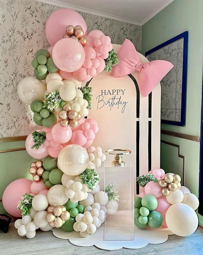 Sage Green Pink Balloon Arch Kit-144pcs Sage Green Pastel Pink Sand White Chrome Gold and Confetti Latex Balloon Garland for Girl Baby Shower Wedding Birthday Jungle Safari Woodland Party Decorations