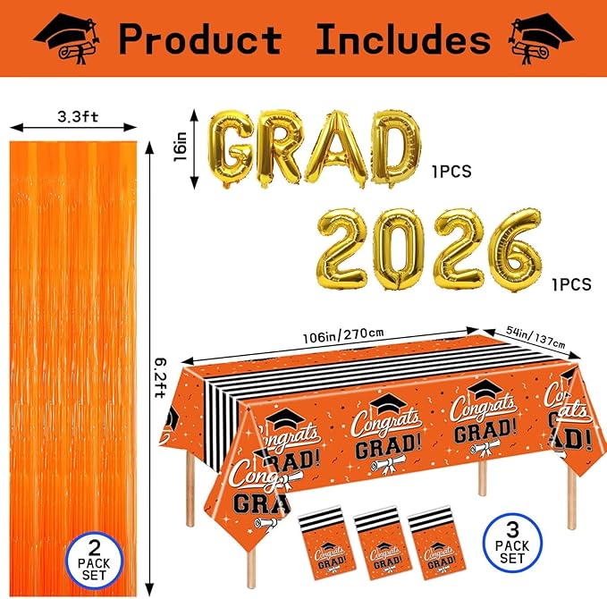 7-Pack Graduation Party Decorations Set, 3 Orange Graduation Tablecloths 54x108in, 2026 and Grad Balloons, 2 Foil Fringe Curtains for High School College Graduation Party Photo Booth