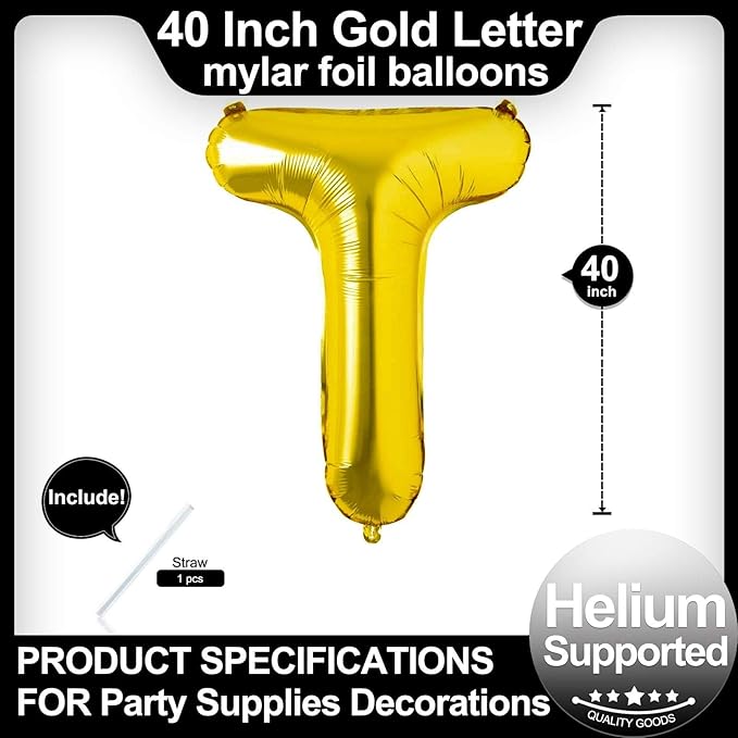 40 Inch Gold Letter T Balloons, DIY Phrase Foil Alphabet Letter T Balloons DIY Word T Banner for Birthday Anniversary Celebration Graduation Party Supplies Decoration