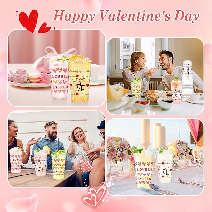 50pcs 16oz Valentine's Day Disposable Cups, Wedding Disposable Clear Plastic Cups for Wedding Anniversary Party Decorations, Suitable for Iced Coffee, Hot Cocoa, Chocolate, Valentine's Day Love Theme