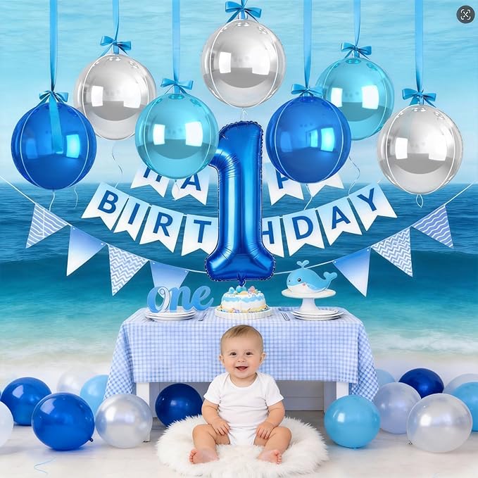 Blue and SIlver Round Balloons Foil, 12 Pcs Round Shaped Balloon Different Size 22" 18" 15" 10", Metallic Blue Silver Balloons for Xmas Prom Graduation Baby Shower Birthday Party Decorations