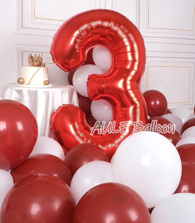 AULE 40 Inch Big Red 3 Balloon Number Large Foil Helium Number Balloons 0-9 Jumbo Giant Happy 3rd Birthday Party Decorations for Boy or Girl Huge Mylar Anniversary Party Supplies