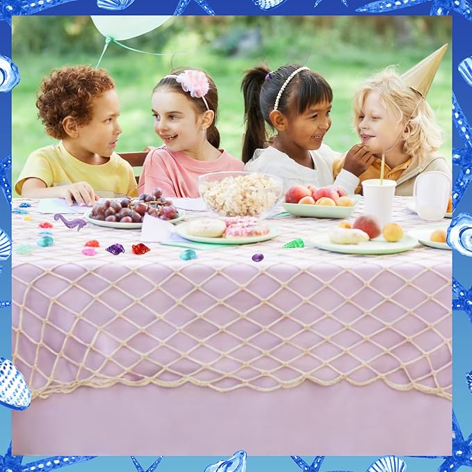 8 Pcs Fish Net Decorative Tablecloth Set, Ocean Waves Plastic Tablecloths with Cotton Fish Net Set for Nautical Themed Birthday Pirate Mermaid Party Decorations