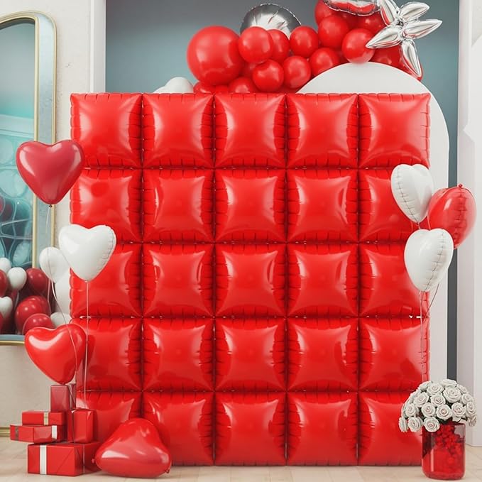 Red Square Foil Balloons Wall, 25PCS Double Sided Metallic Red Foil Balloons Backdrop Tunnel Arch Kit Background Decorations for Birthdays Wedding Bridal Baby Shower Valentines Anniversary Mother Day