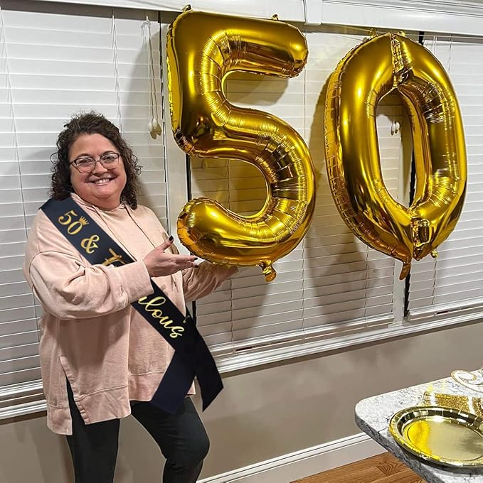 50th Birthday Sash for Women and Men,50&Fabulous Sash Black with Gold Foil Lettering.