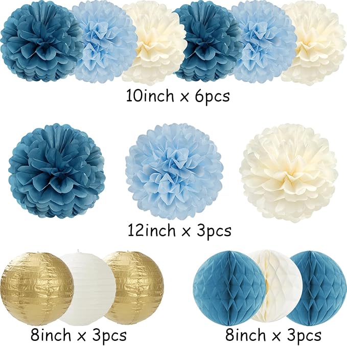 Dusty Blue Champagne Gold Beige Paper Flowers Tissue Pom Poms Honeycomb Lanterns 15pcs Party Decorations Boy Birthday Wedding Baby Bridal Shower Hanging Supplies Mprocherify