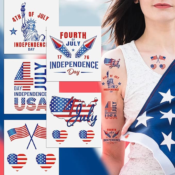 MOVINPE 120 Pcs Patriotic Party Favors, 4th of July Accessories Headbands, Shutter Shades Glasses, Beaded Necklaces, Hand Held USA Flags, Musical Blow Outs, Temporary Tattoos Parades Giveaways