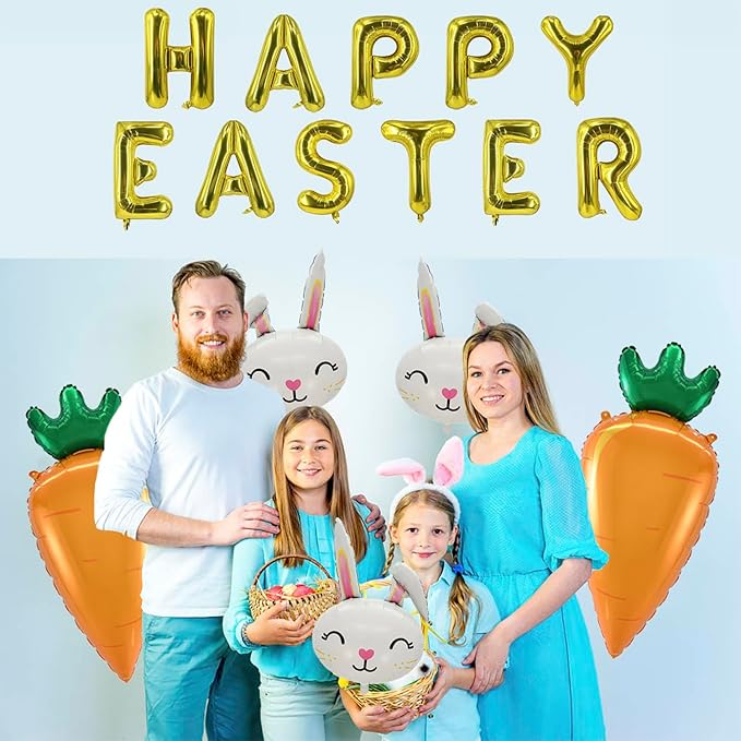 Easter Balloons Gold Happy Easter Letter Balloon Bunny Balloons Carrot Balloon for Rabbit Themed Party Birthday Party Supplies Decorations Party Balloon Sets-16 PCS