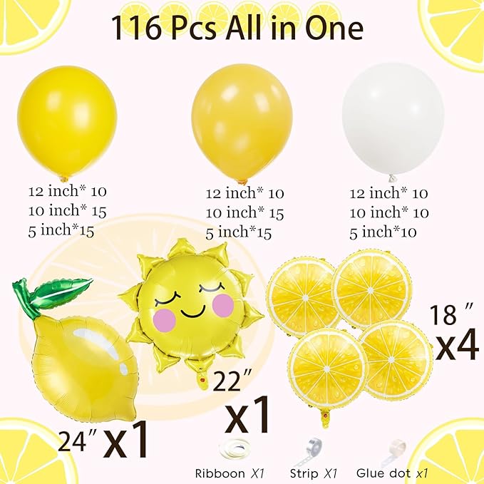 Yellow lemon Balloon Garland Arch kit with Sun lemon mylar Balloons for Summer birthday main squeeze Bridal Shower Sweet Baby shower Lemonade Party Decorations lemonade stand supplies (Yellow)