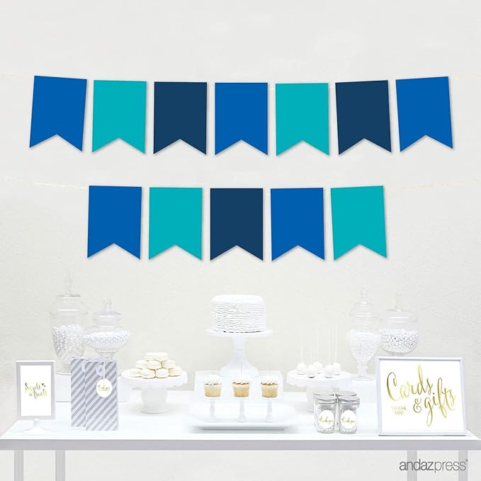 Andaz Press Hanging Pennant Banner with String, Royal Blue, Turquoise Aqua, Navy Blue, 1-Set, 24 Pennants, Approx. 12-Feet Long