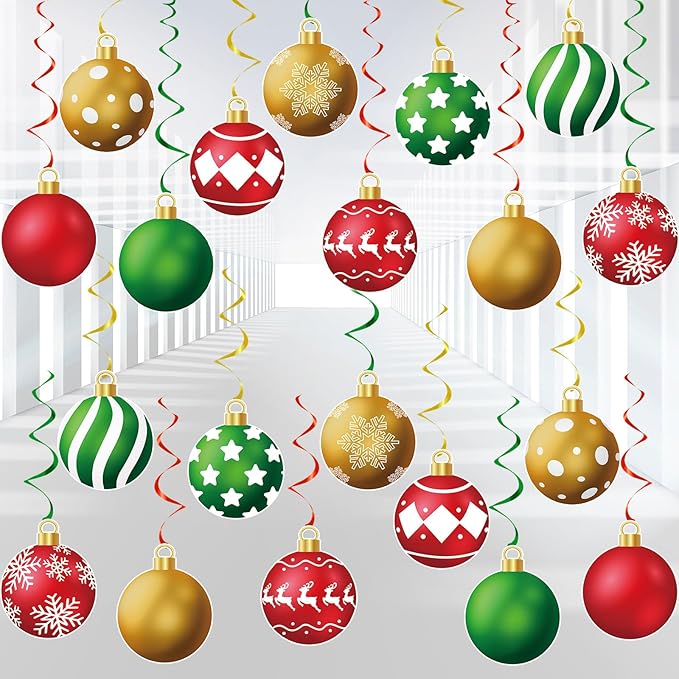 YQUQWN 48 Pcs Christmas Hanging Swirl Decorations - Red, Green, Gold Snowflake Elk Balls Swirls for Holiday Parties Christmas Tree Home Office Classroom - Xmas Winter Holiday Ceiling Decor