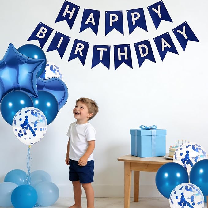 ZHENGYE Blue Happy Birthday Banner Latex Balloon Heart -Shaped Star-Shaped Balloon for Men Women Birthday Party Decoration Supplies