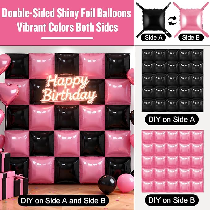 50Pcs Pink and Black Square Foil Balloons Wall Backdrop, Double Sided Metallic Foil Balloons Tunnel Arch Garland Kit for Photo Booth Birthday Wedding Halloween Christmas Party Decorations