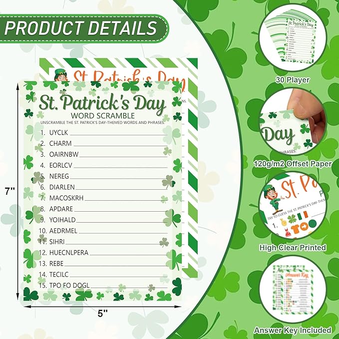 COCHIE St. Patrick's Day Party Games for Adults Family Office Large Groups, Saint Patrick Words Pictionary Game, Guesstures Games, Word Scramble Game Classroom Activities - Answer Key (St. Patrick's)
