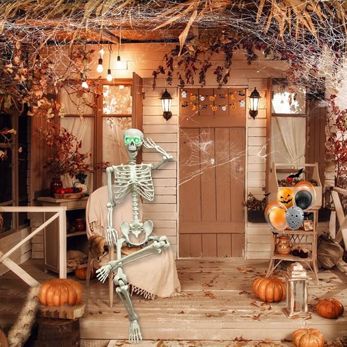WODMAZ 5.4Ft Halloween Skeleton, Full Size Posable Skeleton with Glowing Eyes Creepy Sound, Full Body Life Size Skeleton and 2 Arm Stakes for Halloween Indoor Outdoor Haunted House Decorations