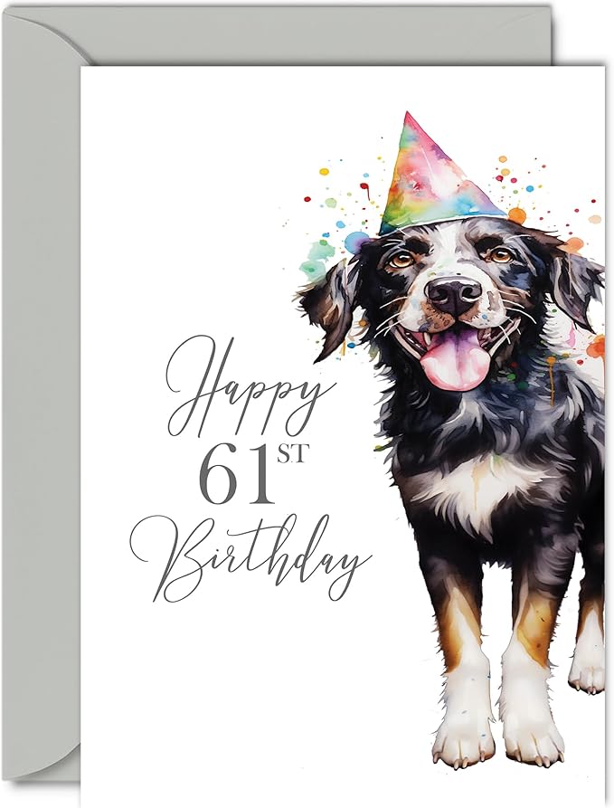 61st Birthday Cards for Women Men - Party Dog - Happy Birthday Card for 61 Year Old Woman Man Nan Grandma Grandad Mum Dad Auntie Uncle Cousin, 5x7 Inch Bday Greeting Cards