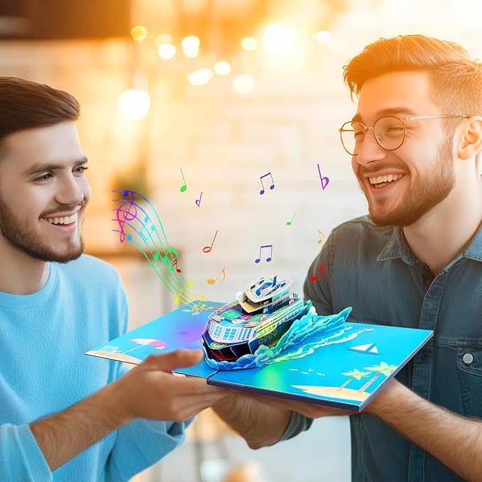 Magic Ants 3D Pop Up Birthday Card for Men with Lights and Music - Cruise Ship Greeting - Plays Happy Birthday to You – For Dad, Grandpa, Husband, Male Friend – Includes Envelope & Blank Note Card