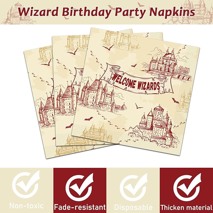 chiazllta 96 Pcs Wizard Party Paper Plate and Napkins Magical Wizard Tableware Wizard Theme Party Plates Vintage Castle Birthday Plates and Welcome Wizard Napkins Plates for Party Favors 24 Guests