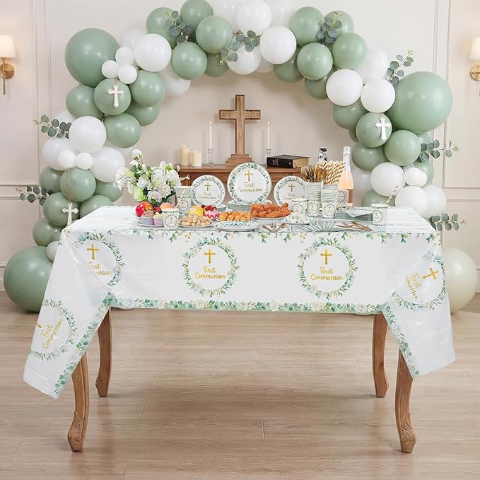 Ceenna 452 Pcs First Communion Party Decoration Boy for 50, Green Baptism Paper Plate Napkin Cup Tablecloth Cutlery Straw God Bless Disposable Tableware for Christening Religious Baby Shower Supplies