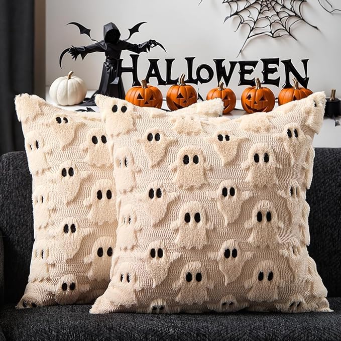 DFXSZ Halloween Pillow Covers 16x16 inch Set of 2 Beige Ghost Throw Pillow Cases Soft Plush Faux Fur Wool Couch Cushion Case for Chair Sofa Bedroom Living Room Home Decor PTK03D16