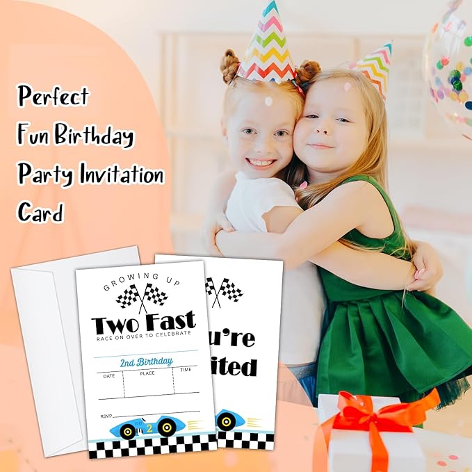 2nd Race Car Birthday Party Invitation Cards for Kids Boys, Two Fast 2nd Birthday Celebration Party Invite Cards Supplies Decorations, 20 Double-Sided Fill In Invites With Envelopes -01