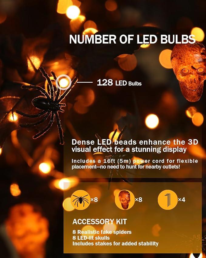 5ft Black Maple Halloween Tree with LED Skull Lights & Spiders, 128 Bulbs, Dimmable Timer, 16ft Cord, Indoor & Outdoor Decor