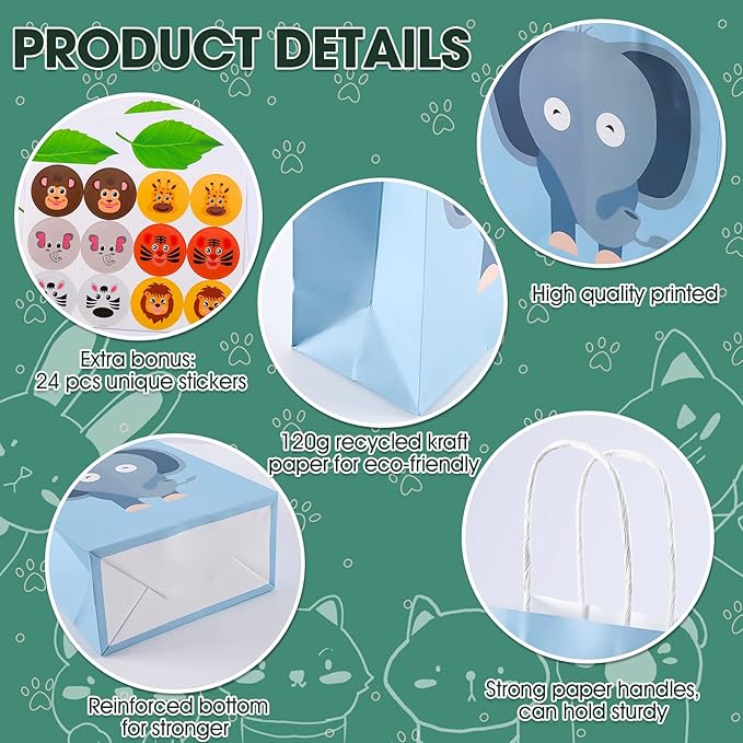 24 Pack Animal Party Favor Bags,Kids Goodie Bags for Birthday Party,Animal Goodie Treat Bags,Colorful Paper Gift Bags with Handles,Candy Bags for Kids Jungle Animals Theme Party Supplies 8 Designs