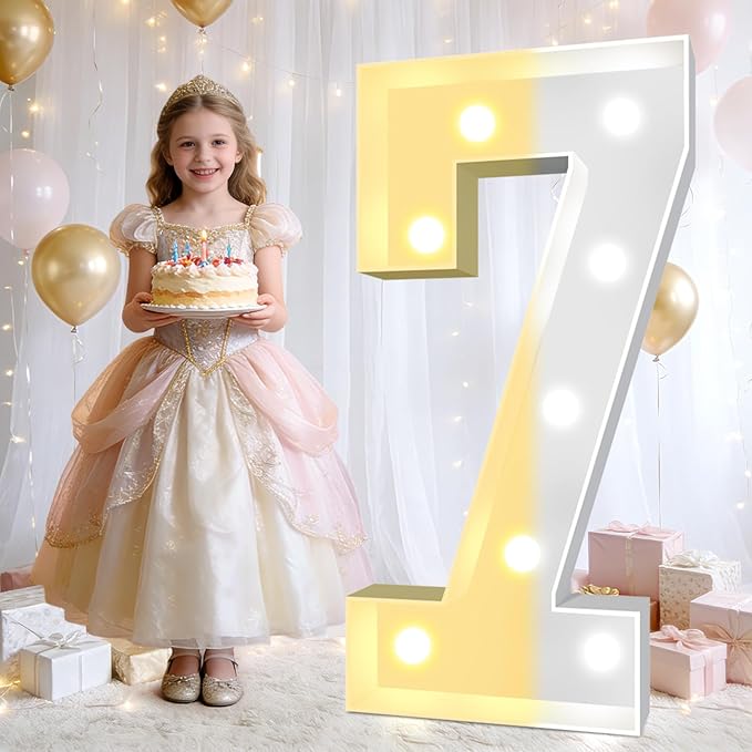 Pooqla 3FT Light Up Marquee Numbers, Cool White and Warm White LED Large Lighted Marquee Numbers, Giant Mosaic Light Up Numbers for Balloons 7th 17th 70th Birthday Decoration Party Decor, LED Number 7