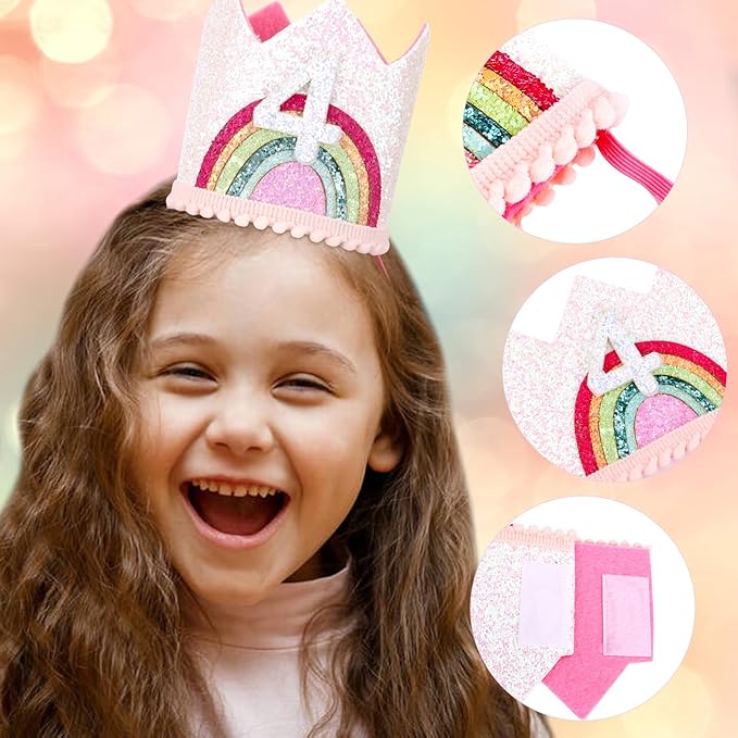 4 Year Old Girl Birthday Gifts 4th Birthday Decorations Four Year Old Girl Rainbow Birthday Hat Birthday Headband Princess Tiara Birthday Crown Birthday Accessories for Party Photo Props