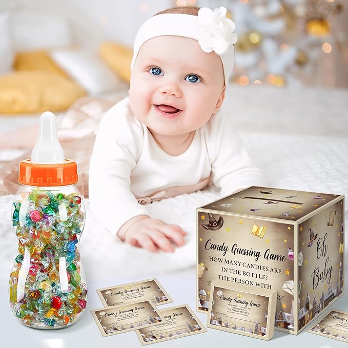 Glenmal 52 Pcs Baby Shower Games Gift Sets Large Baby Bottle for Shower Game Guess How Many Candies Decorations for Gender Reveal(Magical Wizard)