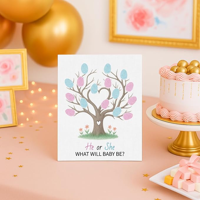 2PCS Gender Reveal Fingerprint Tree Baby Shower Guest Book Party Ideas Fingerprint Guest Book with 2 Pens and 6 Stickers Gender Reveal Party Decorations Baby Shower Party Supplies