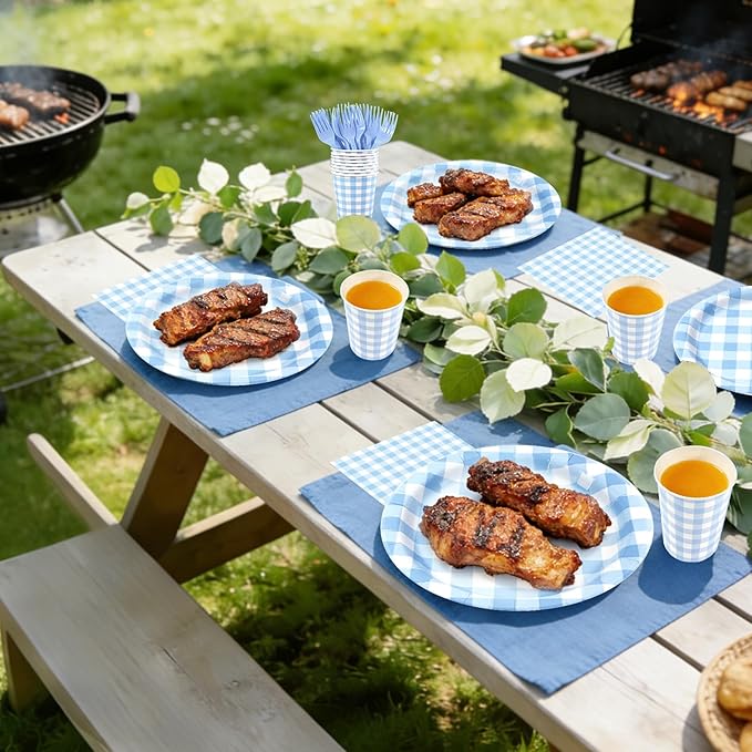 Blue Gingham Disposable Party Tableware Set for 30 Guests – 9 & 7 Inch Paper Plates, Cups, Napkins and Forks, Blue Checkered Paper Dinnerware for Birthday, Picnic, Baby Shower, Outdoor Gatherings