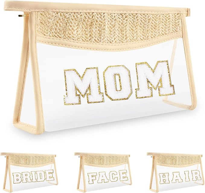 Boho Patch Mama Bag Clear Makeup Letter Bag for Mom, Waterproof Zipper Make up Bags Toiletry Pouch for Women Girls, Clear Letter Patch Cosmetic Bags Transparent Organizer Pouch for Travel(Mom, Beige)