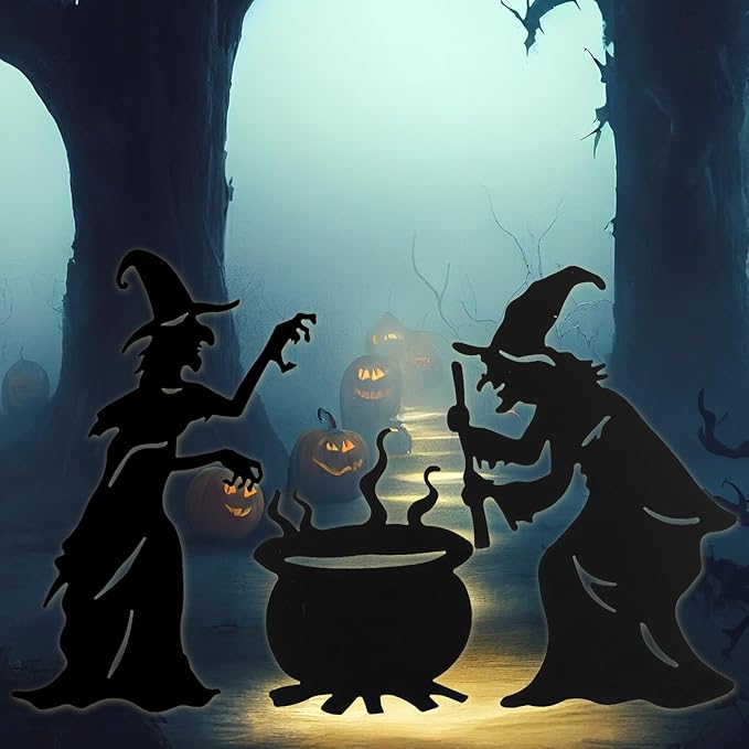 Halloween Witch Yard Decorations Witch Silhouette Yard Stakes with Cauldron,Set of 3 Metal Halloween Yard Stakes for Spooky Decorations Garden Lawn