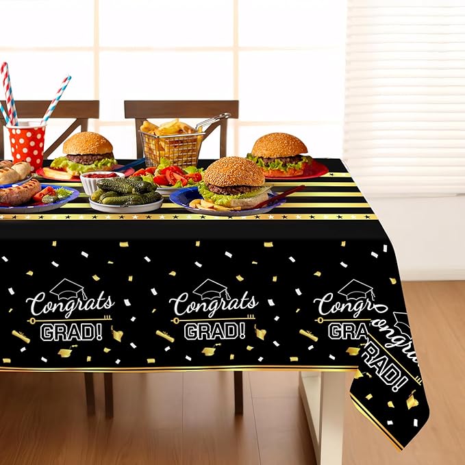 Childom 3 Pack Graduation Tablecloth,Graduation Decorations Class of 2026 Graduation Party Decorations,54"x108" Black and Gold Plastic Table Cloth Disposable Rectangle for Home,School,Party Supplies