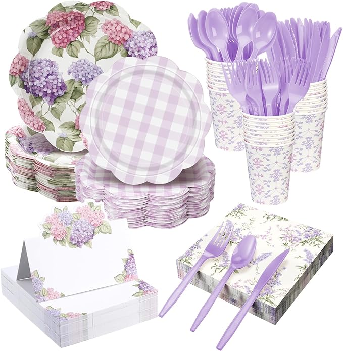 Shellwei 410 Pcs Purple Hydrangea Tea Party Decorations Elegant Floral Paper Plates and Napkins Set Disposable Party Tableware Sets with Cups Knives Forks Spoons Seat Card Favors for 50 Guests