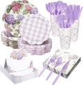 Shellwei 410 Pcs Purple Hydrangea Tea Party Decorations Elegant Floral Paper Plates and Napkins Set Disposable Party Tableware Sets with Cups Knives Forks Spoons Seat Card Favors for 50 Guests