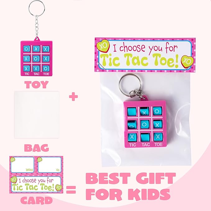 JOYIN 28 Pcs Valentine's Day Tic-tac-Toe Keychains with Bags & Tags, Plastic Tic Tac Toe Game Favors with 4 Colors, Valentines Day Gifts Card for Kids Boys Girls Classroom Prize Goodie Bag Stuffers