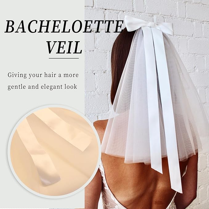 Bridal Veil Bachelorette Party Veil White Bow Wedding Veil Elegant Tulle Layer Hair Clip for Women and Girls