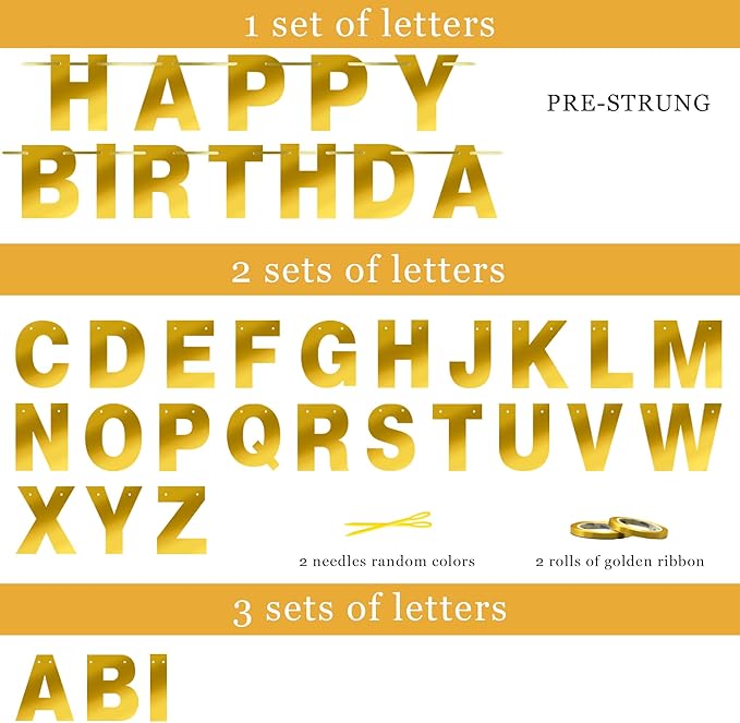 68PCS Custom Banner Kit Pre-Strung Happy Birthday Banner with Name DIY Letter Banners Personalized Banners for Party Golden