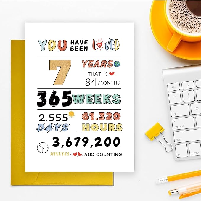 Cute 7th Birthday Card for Girl Boy, Perfect Seven Years Old Bday Gift Card for Son Daughter Grandson Granddaughter, 7 Years Kid Birthday Card From Dad Mom Grandparent