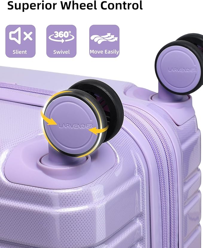 LARVENDER Carry on Luggage 22x14x9 Airline Approved, 20 Inch Hardside Suitcase with Wheels TSA Lock, PC+ABS Lightweight Travel Luggage Sets for Women, Glossy Lavender, 3 Piece Set