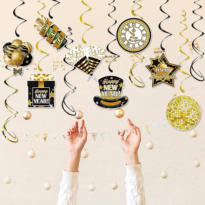 Happy New-Years Eve Party-Decorations Iridescent-Streamers - 8pcs Neon Glitter Holographic 2025 Nye Hanging Swirls Banner Supplies, Classroom Ceiling Garland Indoor Holiday Decor Panduola