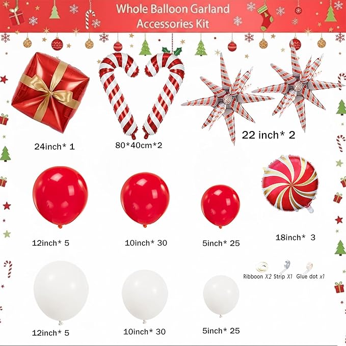 Christmas Party Decorations with Red and White Balloon Arch Kit & Star Candy Canes Lollipops Gift Boxe Foil Balloons for xmas Friendsmas New Year's Eve Party Decorations