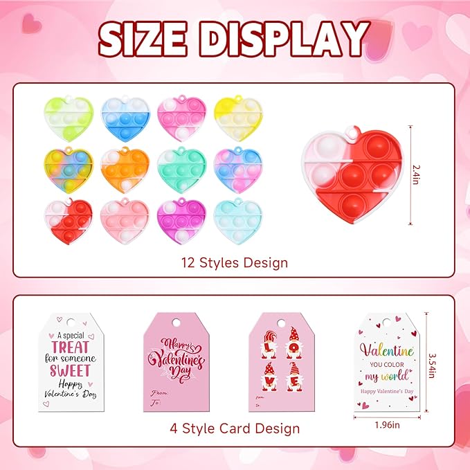 24 Packs Valentine's Day Cards with Pop Fidget Keychain Toys, Stress Anxiety Relief Fidget Toys with Cards for Kids Valentine Classroom Exchange Prizes, Valentine's Day Party Favors(24Pcs)